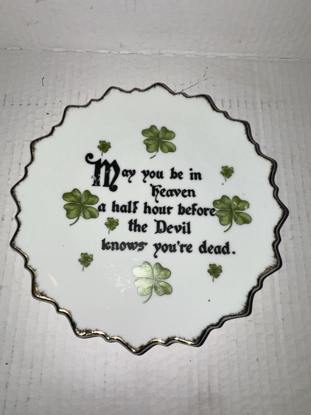 Vintage Japan Irish Blessing Shamrock Wall Plate Gold Trim Devil Heaven